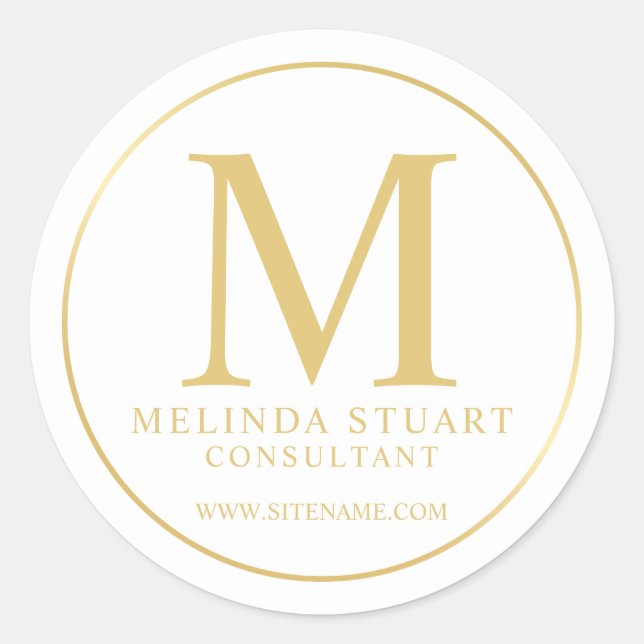 White and Gold elegante Monogram Business Runder Aufkleber (Vorderseite)