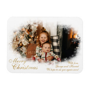 White and Gold Elegante Snowy Foto Weihnachtskarte Magnet