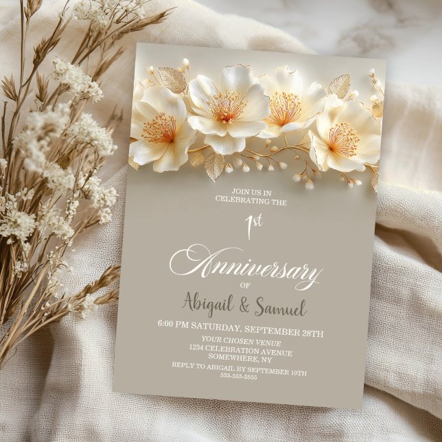 White and Gold Floral 1st Wedding Anniversary Einladung (Von Creator hochgeladen)