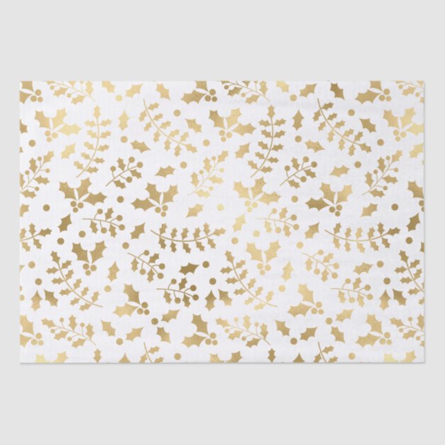 White and Gold Foil Christmas Holly Seidenpapier (Vorderseite)
