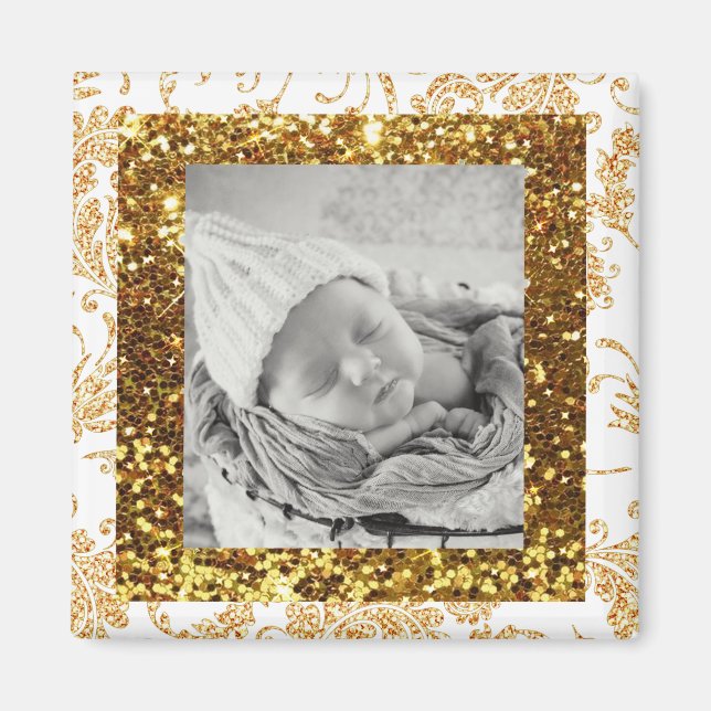 White and Gold Glittery Baby Foto Magnet (Vorne)
