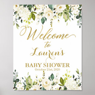 White and Gold Greenery Baby Dusche Begrüßungszeic Poster