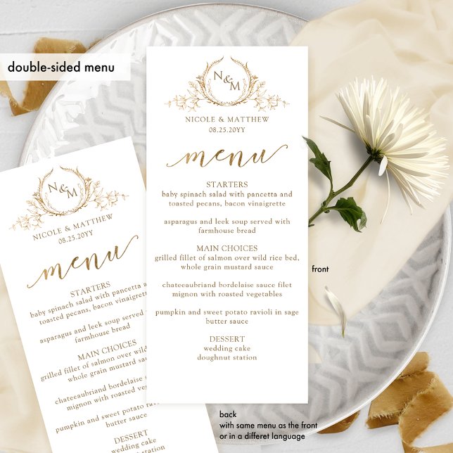 White and Gold Monogram Wedding Double-sided Menu Menükarte (Von Creator hochgeladen)