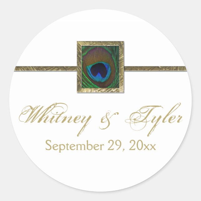 White and Gold Peacock Feather Wedding Sticker (Vorderseite)