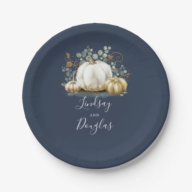 White and Gold Pumpkin Fall Harvest Navy Blue Pappteller (Vorderseite)