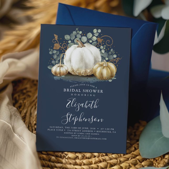White and Gold Pumpkins Fall Brautparty Einladung (Pumpkins Navy Blue Fall Bridal Shower Invitation)