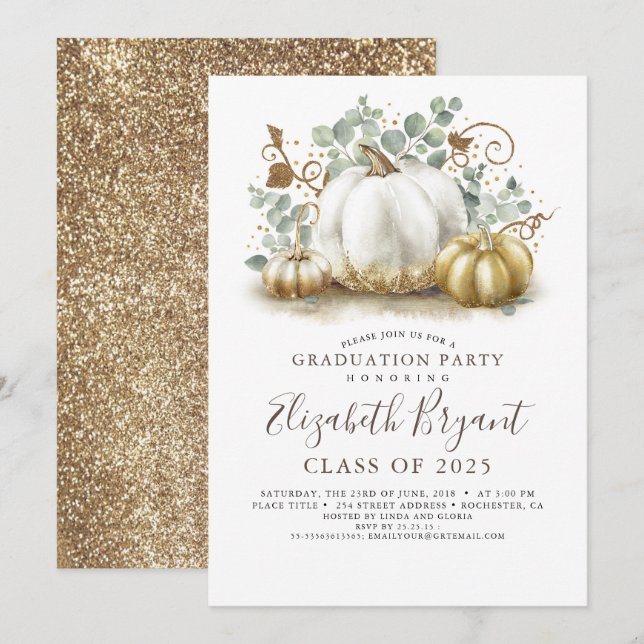 White and Gold Pumpkins Fall Harvest Abschluss Einladung (Vorne/Hinten)