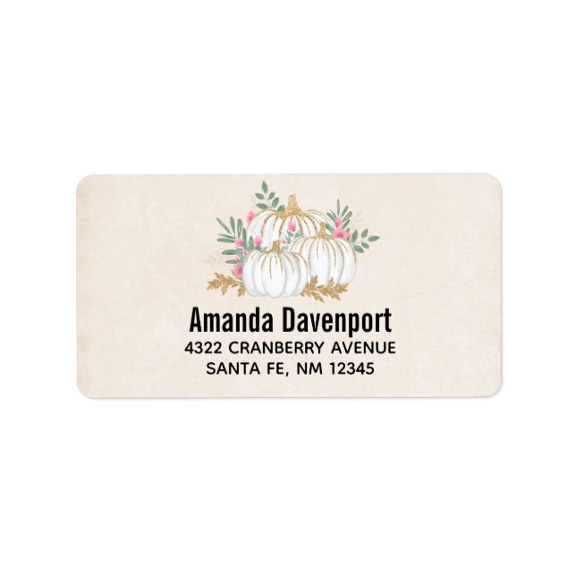 White and Gold Pumpkins Watercolor Erntedank Adressaufkleber (Vorne)
