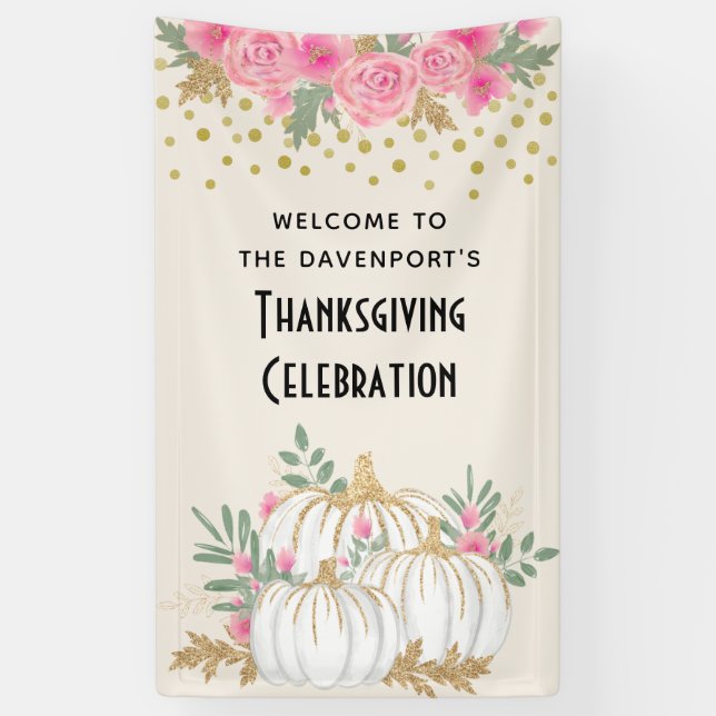 White and Gold Pumpkins Watercolor Erntedank Banner (Vertikal)