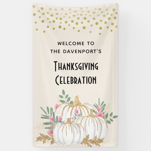 White and Gold Pumpkins Watercolor Erntedank Banner (Vertikal)
