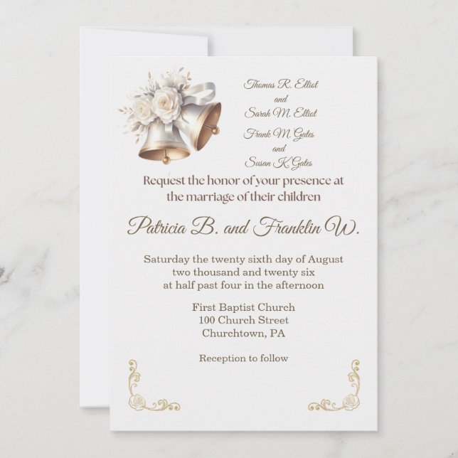 White and Gold Wedding Bells Wedding Invitation Einladung (Vorderseite)