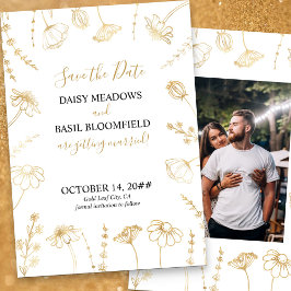 White and Gold Wildblume Sketch Gerahmtes Foto Save The Date