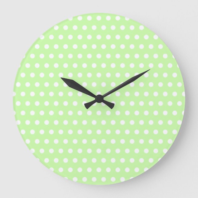 White and Green Polka Dot Pattern. Spotty. Große Wanduhr (Vorderseite)