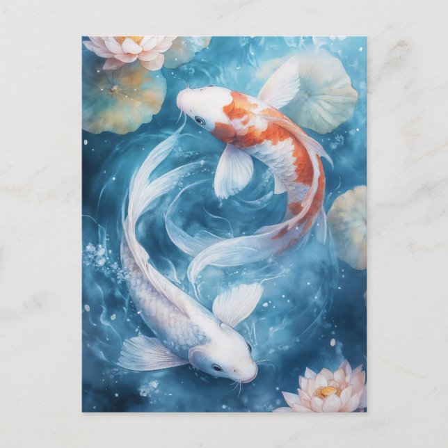 White and Orange Koi Fish Swirling in Lotus Pond Postkarte (Vorderseite)