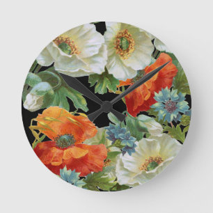 White and Orange Poppies Floral Wall Clock Runde Wanduhr