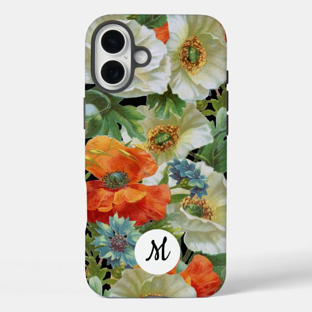 White and Orange Poppies on Black Initial Floral Case-Mate iPhone Hülle (Rückseite)