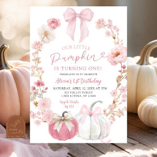 White and Pink Bow Coquette Pumpkin 1st Birthday  Einladung