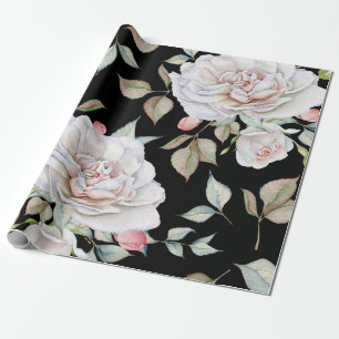 White and Pink Watercolor Roses Black Background Geschenkpapier