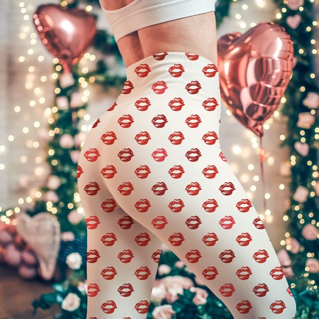 White and Red Lipstick Kiss Print Leggings (Von Creator hochgeladen)