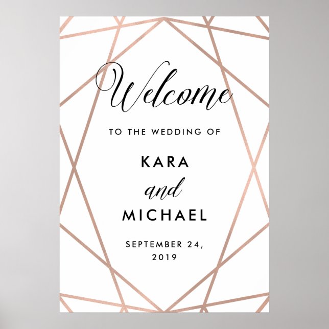 White and Rose Gold Diamond Wedding Willkommen Poster (Vorne)