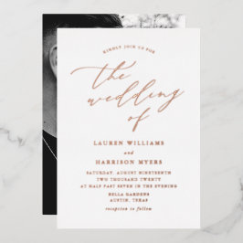 White and Rose Gold Script Foto Hochzeit Folieneinladung
