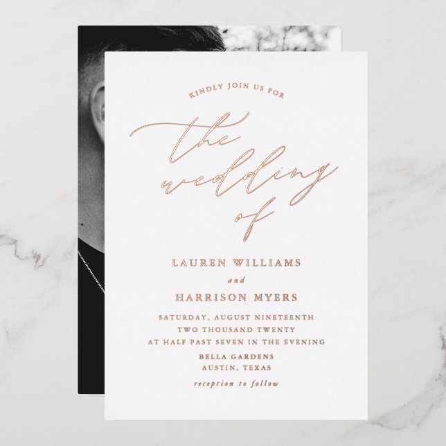 White and Rose Gold Script Foto Hochzeit Folieneinladung (Vorderseite/Rückseite)