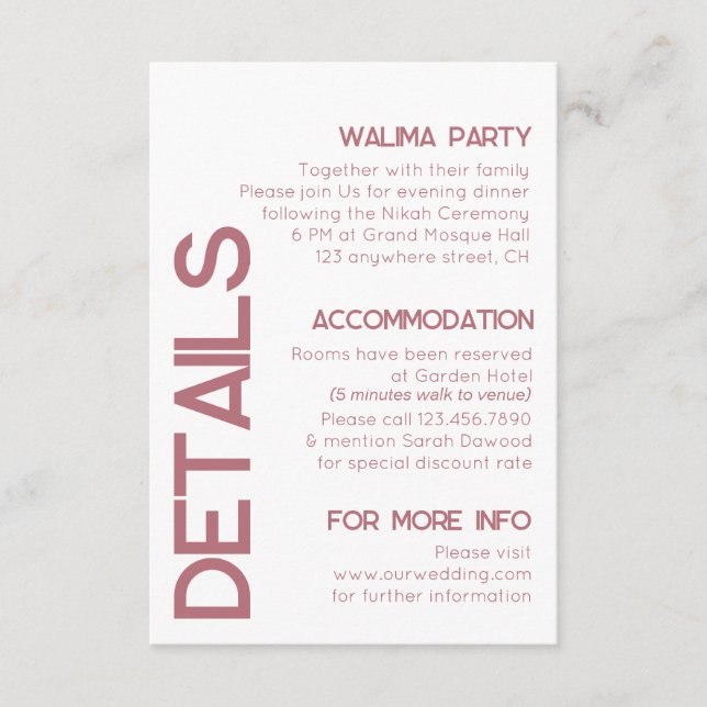White and Rose Gold Typografy Wedding Details Begleitkarte (Vorderseite)