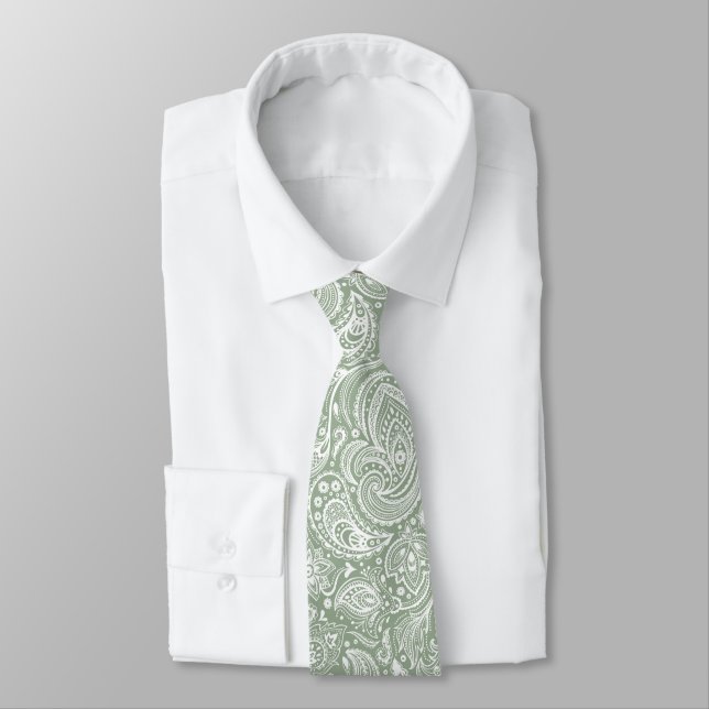 White And Sage Green Floral Paisley Pattern Krawatte (Gebunden)