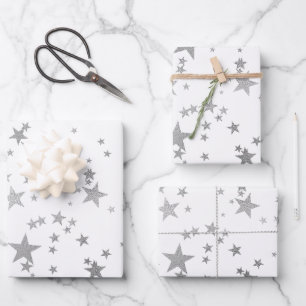 White and Silver Celestial Star Wrapping Paper Geschenkpapier Set