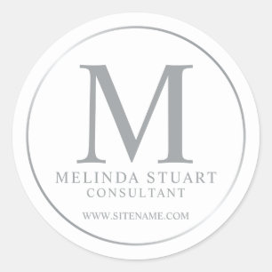 White and Silver Elegante Monogram Business Runder Aufkleber