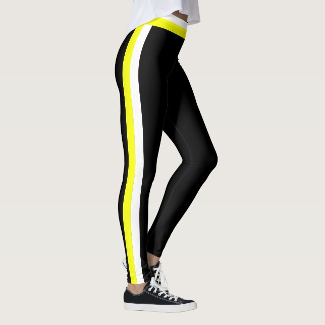 White and Yellow Side Stripe Black Sports Leggings (Rechts)