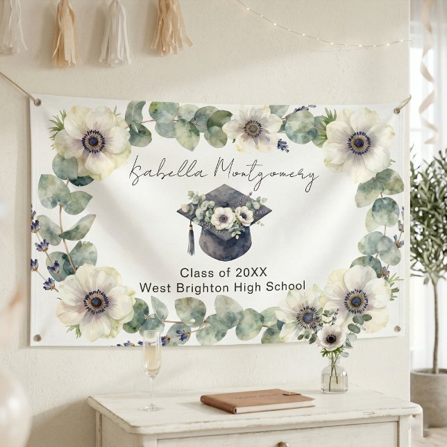 White Anemone Eucalyptus Watercolor Graduation Cap Banner (Von Creator hochgeladen)