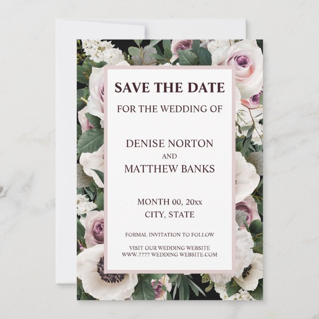 White Anemone über True Black Save the Date Invi Einladung (Rückseite)