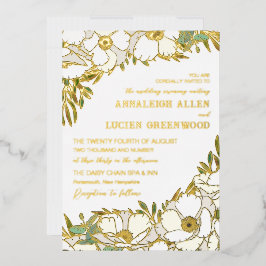 White Anemones Gold Foil Line Hochzeit Folieneinladung