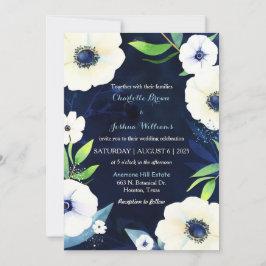 White Anemones Navy Blue Wedding Einladung