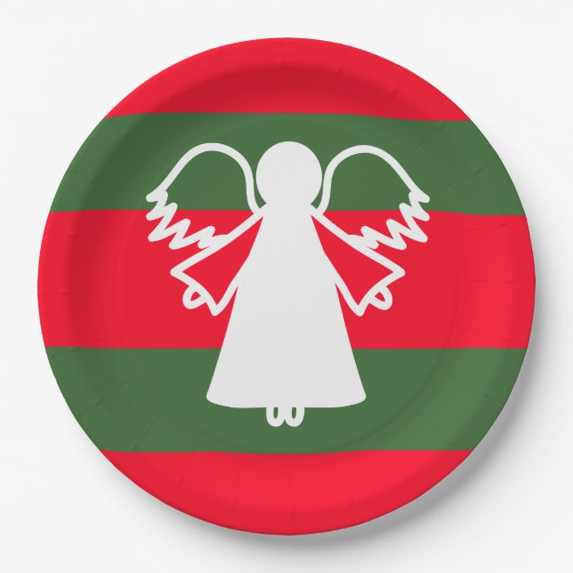White Angel Wings Red Dark Green Stripes Holiday Pappteller (Vorderseite)