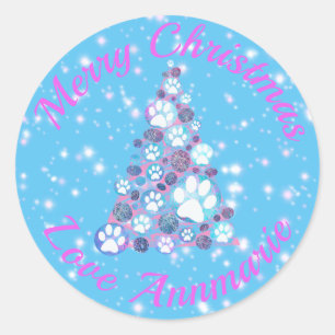 White Animal Paw Pink & Blue Weihnachtsbaum LtBlue Runder Aufkleber