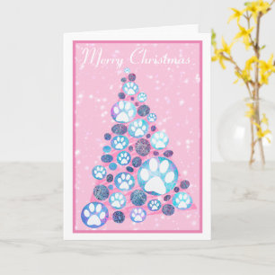 White Animal Paw Pink und Blue Christmas Tree Card Karte