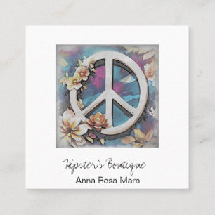 *~* White AP57 QR Peace Sign Blume Grunge Boho Quadratische Visitenkarte