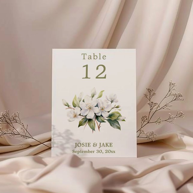 White apple blossom flower Table Number sign Einladung (Gentle Apple Blossom green and white Table Number Cards. )