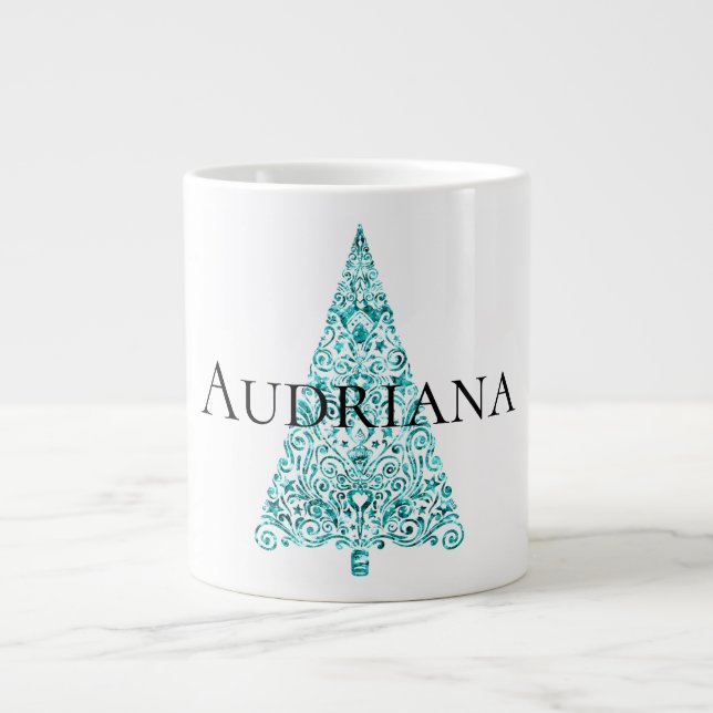 White Aqua Blue Christmas Tree Jumbo-Tasse (Vorderseite)