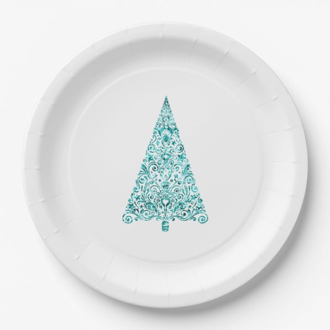 White Aqua Blue Christmas Tree Pappteller (Vorderseite)