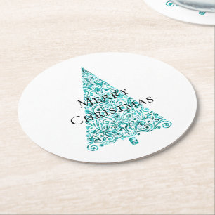 White Aqua Blue Christmas Tree Runder Pappuntersetzer