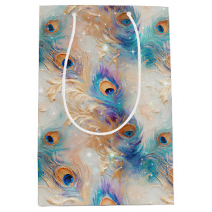 White Aqua Gold Peacock Feathers Mittlere Geschenktüte