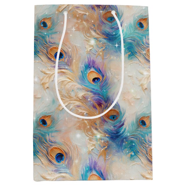 White Aqua Gold Peacock Feathers Mittlere Geschenktüte (Vorderseite)