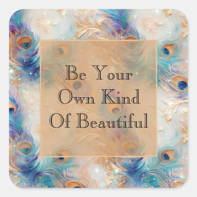 White Aqua Gold Peacock Feathers Quadratischer Aufkleber (Vorderseite)