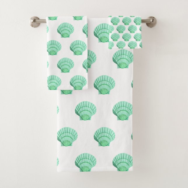 WHITE AQUA GREEN SEASHELL BADEZIMMER TOWEL SET (Insitu)