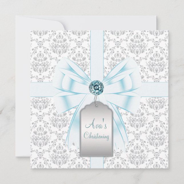 White Aquamarin Blue Damask Baby Taufe Christening Einladung (Vorderseite)