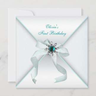 White Aquamarin Blue Girls 1. Geburtstag Party Einladung