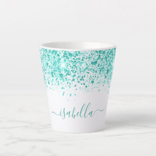 White aquamarin Glitzer Sea Green Namensskript Milchtasse